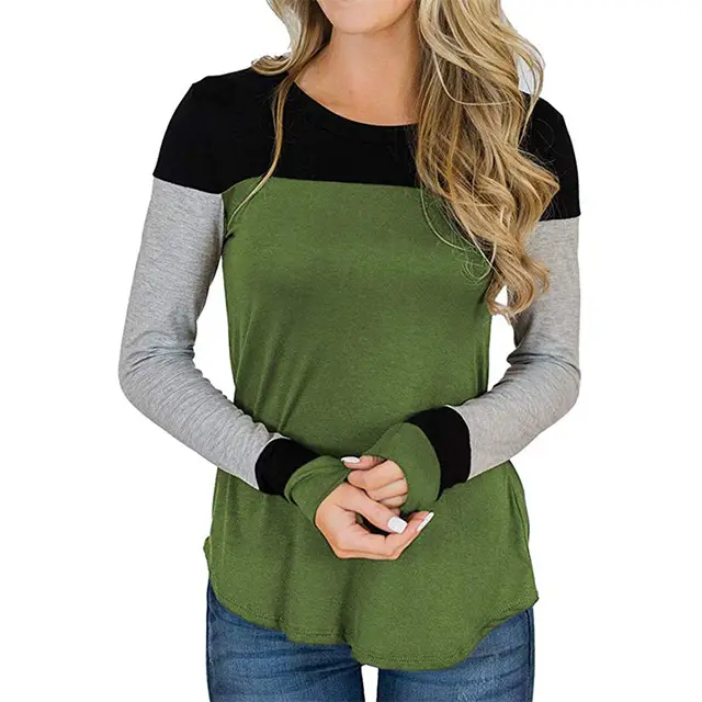 Comfortable and fashionable solid color women's color matching T shirt Green - Shop at LoveMi