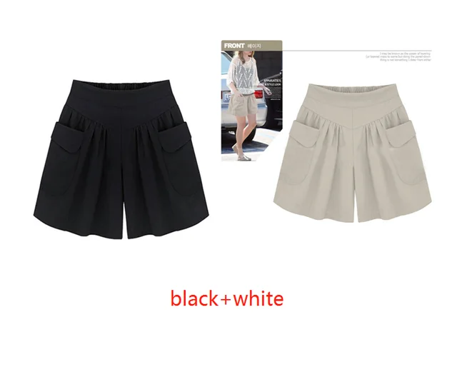 Plus fertilizer XL women's fat mm loose shorts summer casual elastic waist wide leg was thin hot pants Black+White - Shop at LoveMi