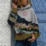 Long Sleeve Top Large Size Mountain Print Hooded - Navy Blue