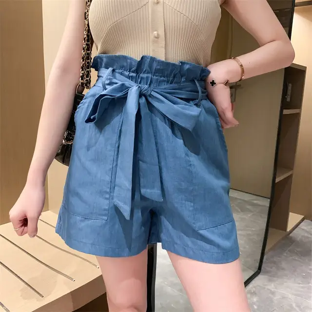 European and American wooden ear A word shorts have a belt Blue - Shop at LoveMi