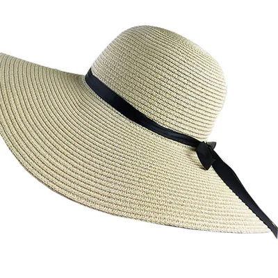 Hat female summer seaside vacation beach hat bow ribbon female sunscreen straw hat folding Beige - Shop at LoveMi