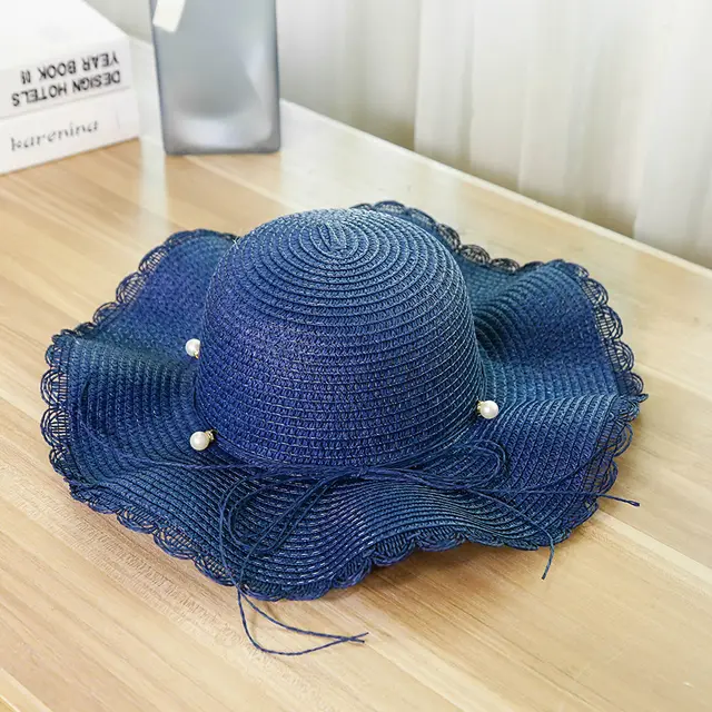 Hat female summer seaside vacation beach hat bow ribbon female sunscreen straw hat folding Navy - Shop at LoveMi
