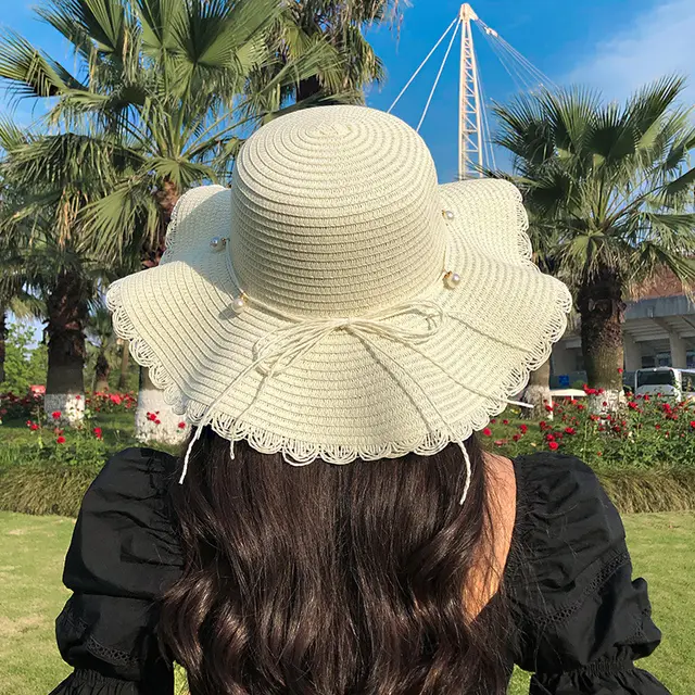 Hat female summer seaside vacation beach hat bow ribbon female sunscreen straw hat folding Pearl Beige White - Shop at LoveMi