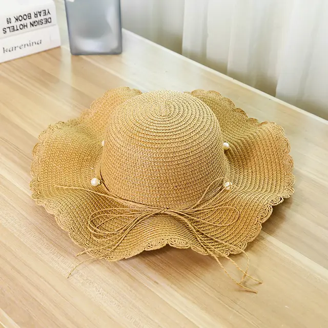 Hat female summer seaside vacation beach hat bow ribbon female sunscreen straw hat folding Pearl Khaki - Shop at LoveMi