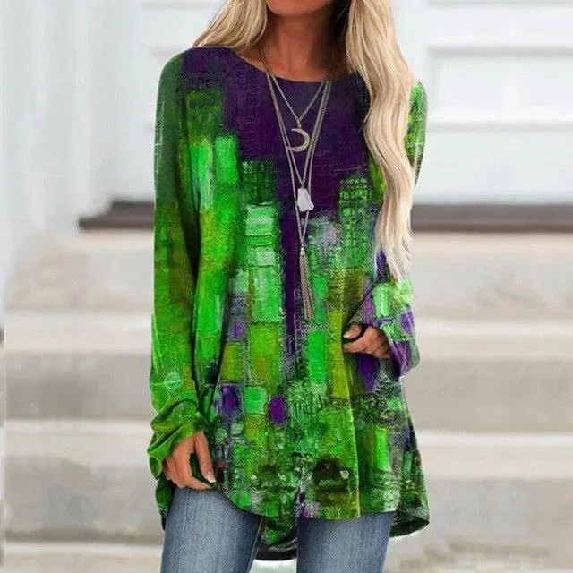 Retro Long Sleeved Color Block Print Top Green - Shop at LoveMi