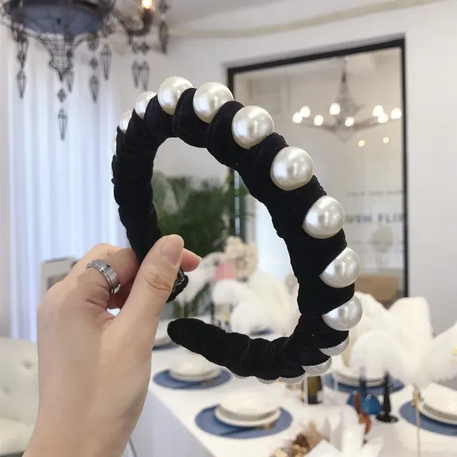 Queen's Pearl Wrapped Gold Velvet Broad Brimmed Headband Headband Black - Shop at LoveMi