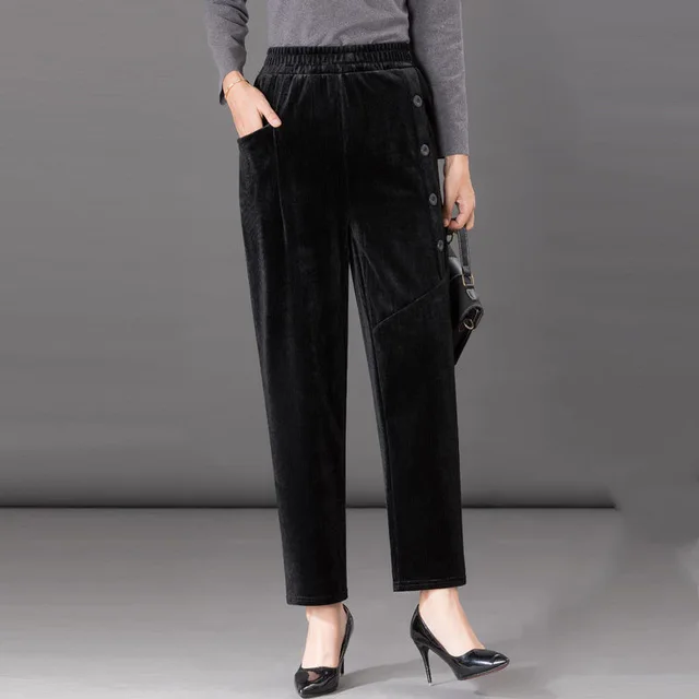 Corduroy Harem Pants Plus Size Mother Pants Button Casual Pants Black - Shop at LoveMi