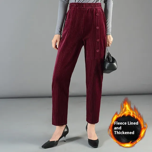 Corduroy Harem Pants Plus Size Mother Pants Button Casual Pants Wine Red - Shop at LoveMi