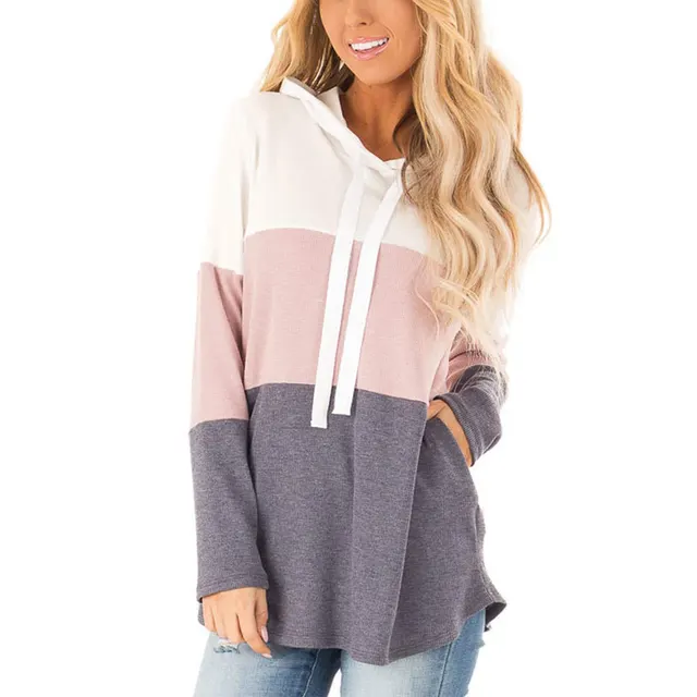 Three color pocket contrast color hooded sweatshirt Pink - Shop at LoveMi