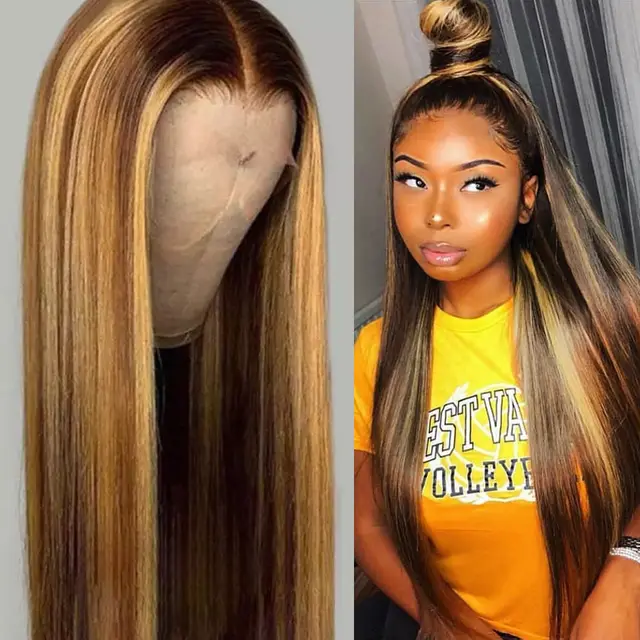 Mid length straight hair brown pick golden long hair synthetic headgear Brown - Shop at LoveMi