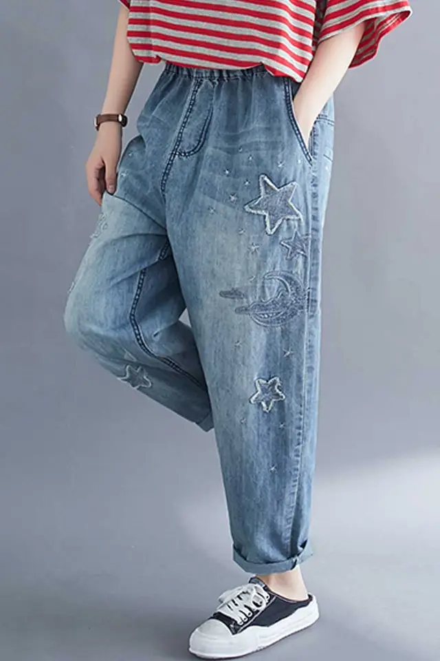 Women's Jeans With Loose Cover And Thin Embroidery Light Blue - Shop at LoveMi