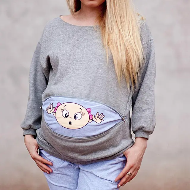 Plus size pregnant woman cartoon cute long sleeve Grey - Shop at LoveMi