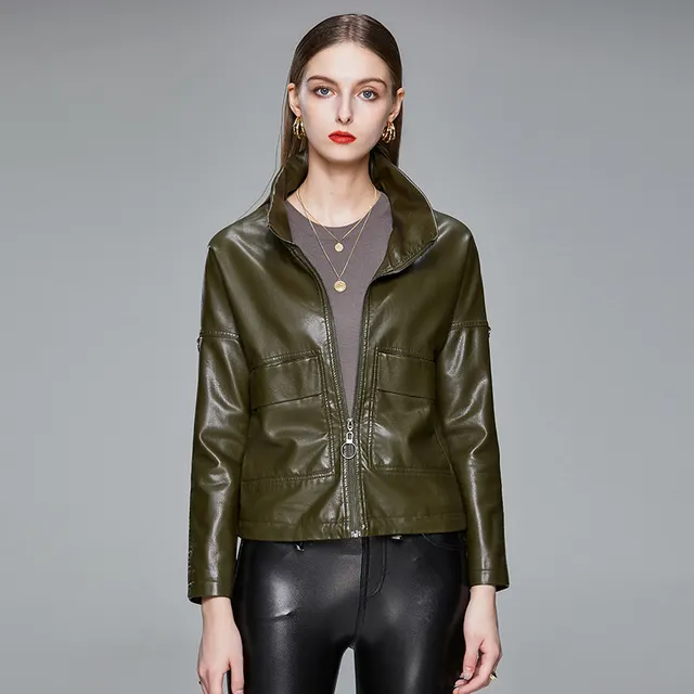 Korean Style Leather Jacket Women PU Coat Leather Army Green - Shop at LoveMi