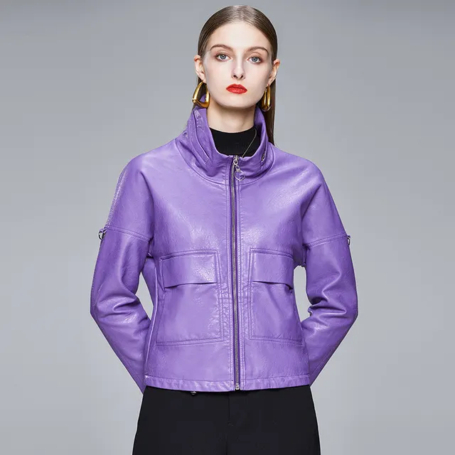 Korean Style Leather Jacket Women PU Coat Leather Purple - Shop at LoveMi