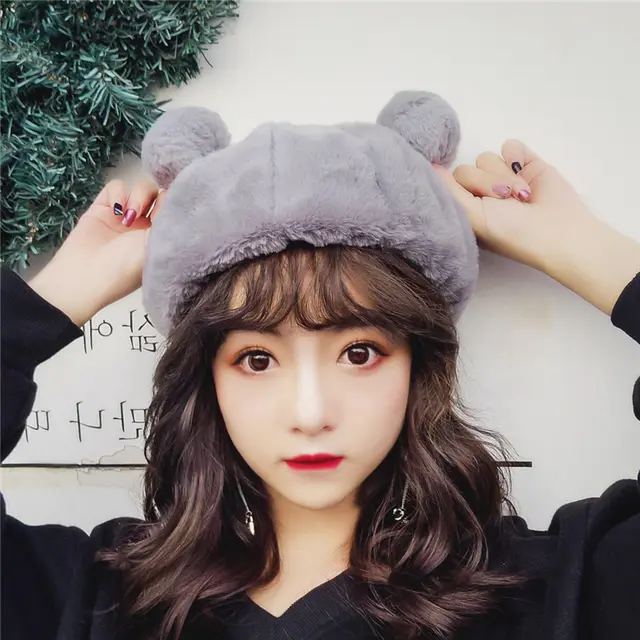 Winter Cute Soft Girl Fur Ball Plush Beret Grey - Shop at LoveMi