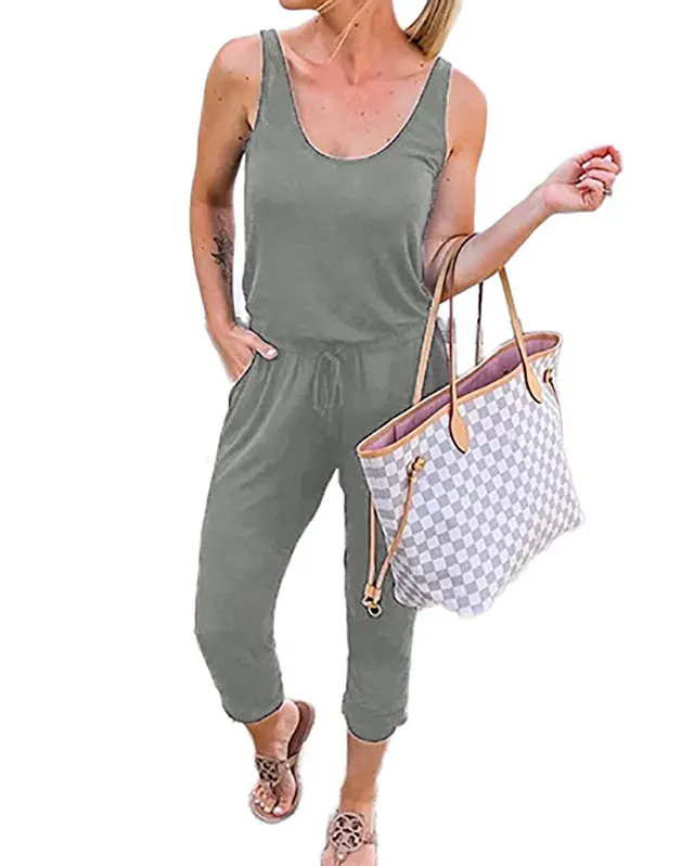 Round neck vest tie Solid Color Jumpsuit Grey - Shop at LoveMi