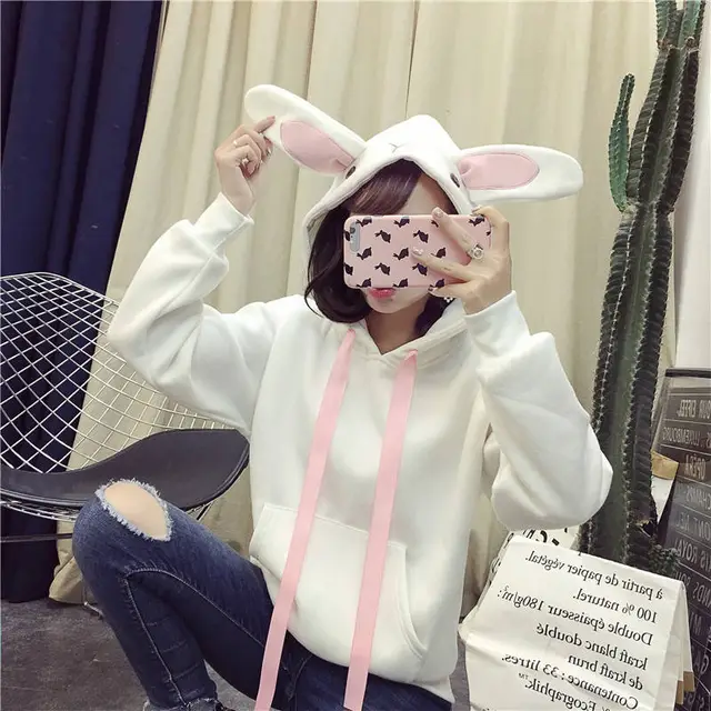 Pink embroidered rabbit ears and fleece hooded sweater White - Shop at LoveMi