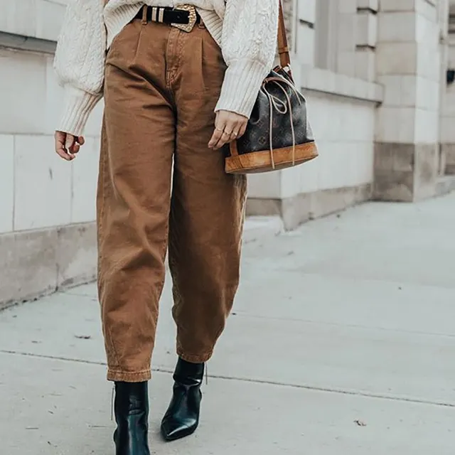 Loose high waist carrot denim trousers Brown - Shop at LoveMi