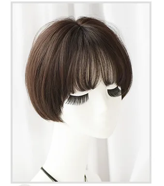Wig female short hair Korean air bangs bobo wave head realistic chemical fiber wig headgear Brown Black - Shop at LoveMi