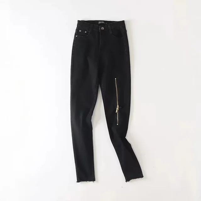 European and American Street Shots Show Thin Ripped Zipper Trousers Black - Shop at LoveMi