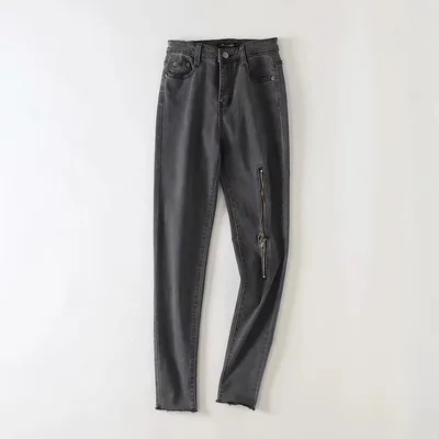 European and American Street Shots Show Thin Ripped Zipper Trousers Grey - Shop at LoveMi