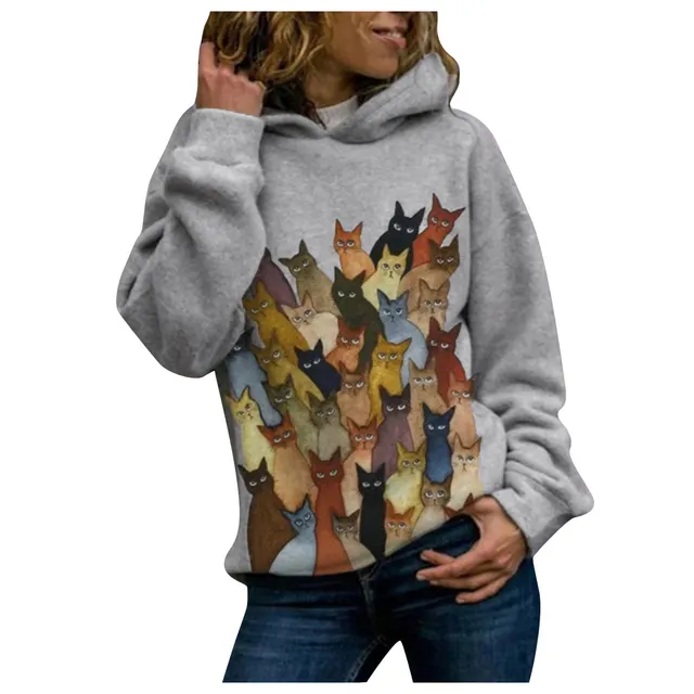 Gradient loose hood printed sweatshirt Grey - Shop at LoveMi