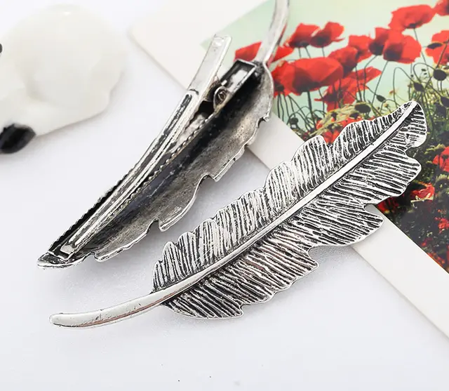 Europe and the United States big leaves feather hairpin fashion lady personality design leaf feather hairpin Duck Clip Ancient Silver - Shop at LoveMi
