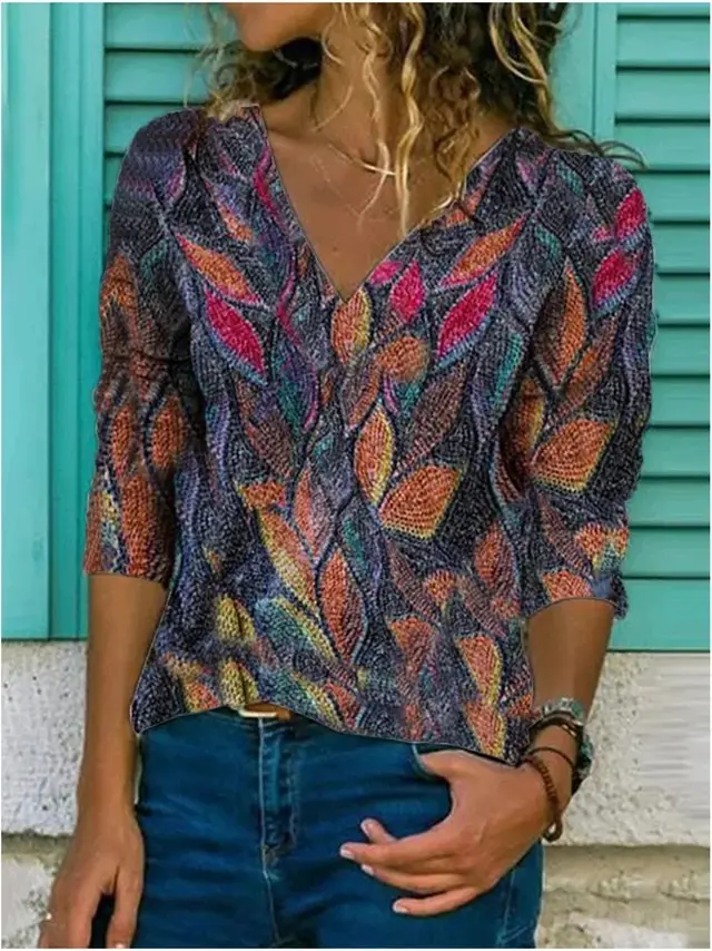 Vintage Printed Casual V Neck Pullover T Shirt Blue - Shop at LoveMi