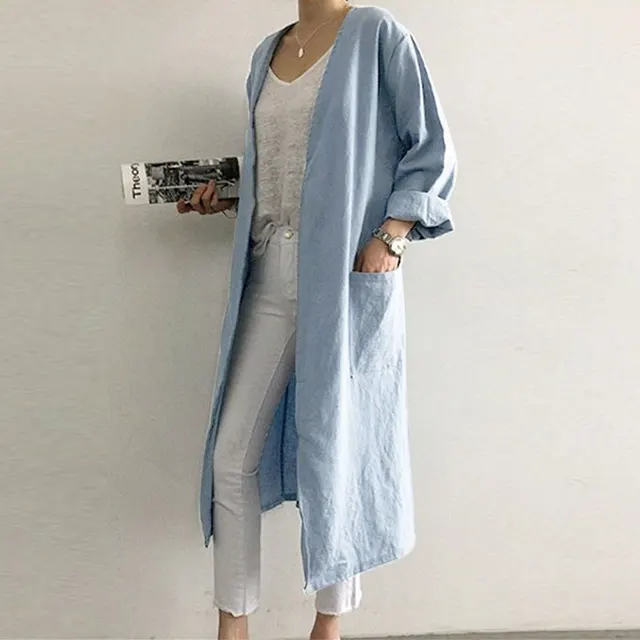 Casual cotton and linen long over the knee trench coat Blue - Shop at LoveMi