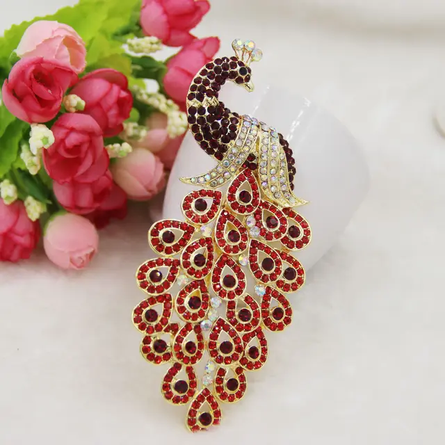 Peacock brooch corsage shawl pin Red - Shop at LoveMi