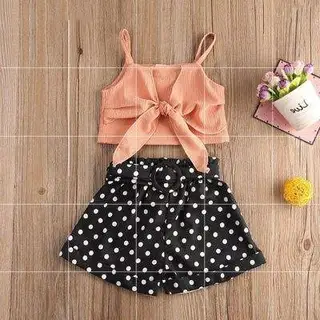 crop top polka dot shorts suit - Black