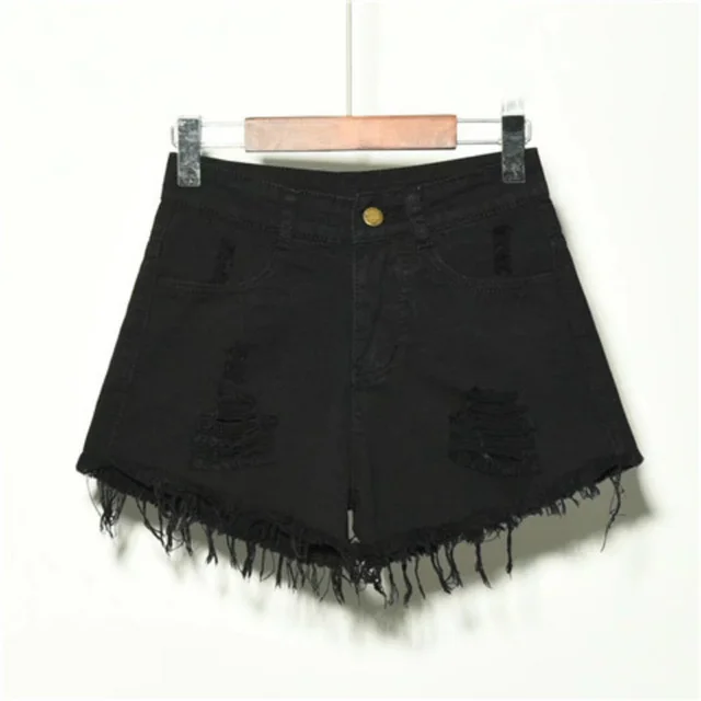 Holed Jeans Shorts Women's Loose And Thin Wide Leg Pants Hot Pants Black - Shop at LoveMi