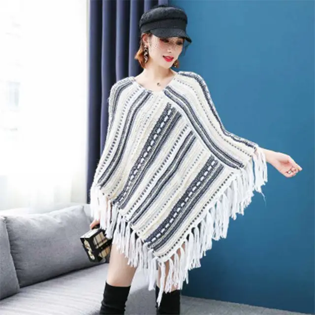Striped wool fringe diamond hem women's shawl White - Shop at LoveMi
