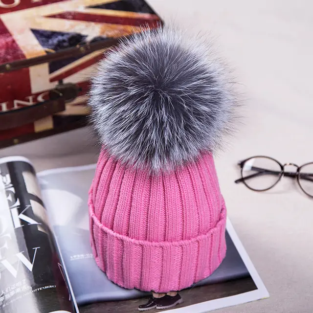 Big fox fur ball wool hat Pink - Shop at LoveMi