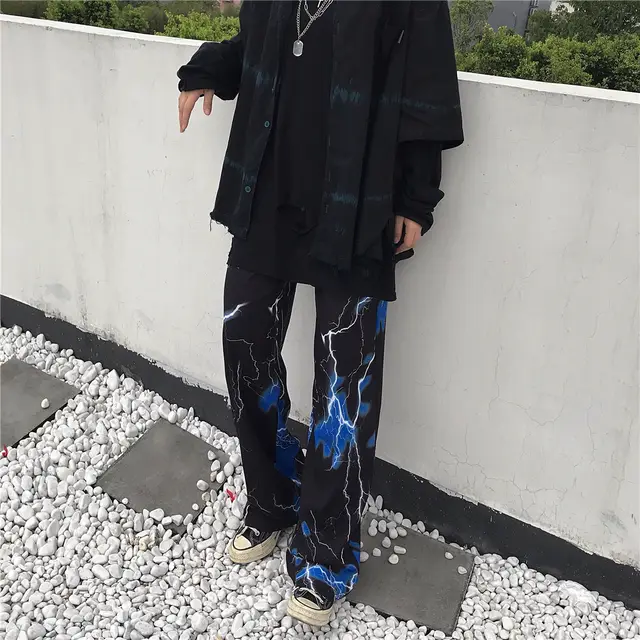 Female Harajuku Style High Street Dark Black Retro Lightning Print Loose Black - Shop at LoveMi