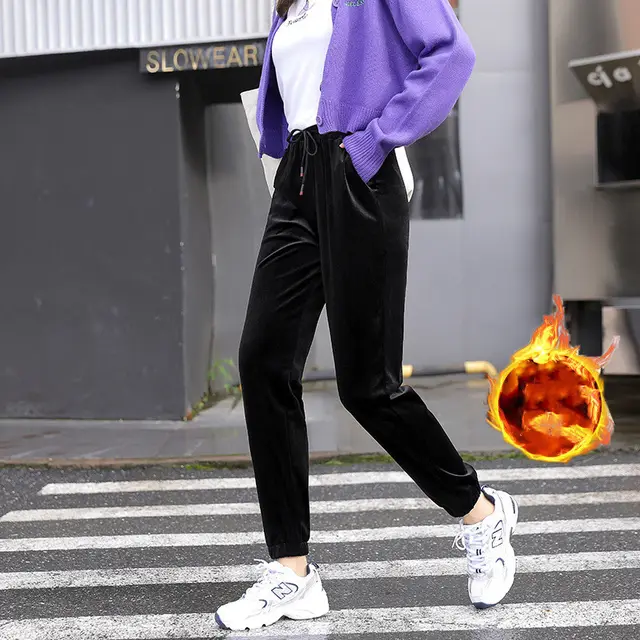 Gold velvet casual pants plus cashmere Black Plus Velvet - Shop at LoveMi