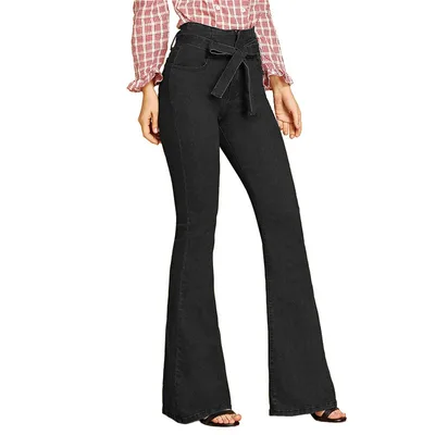 High stretch Slim fit Lace up Wide leg Flared Jeans Black - Shop at LoveMi