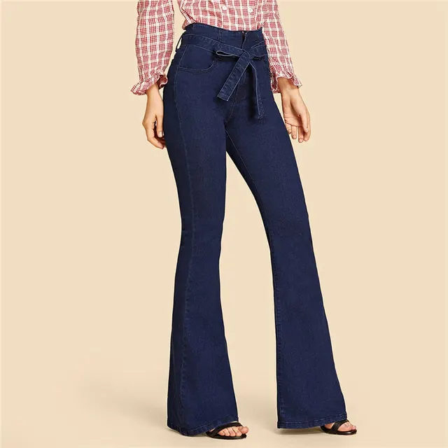 High stretch Slim fit Lace up Wide leg Flared Jeans Navy Blue - Shop at LoveMi