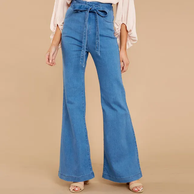 High stretch Slim fit Lace up Wide leg Flared Jeans Sky Blue - Shop at LoveMi