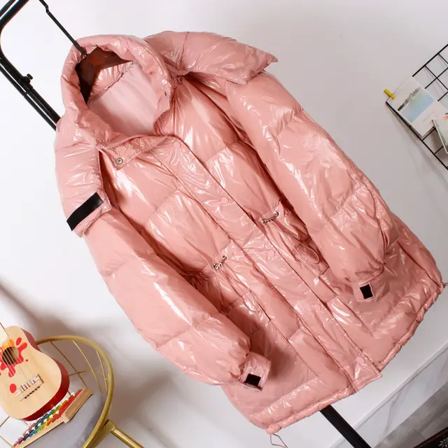 Bright leather hooded down jacket Pink - Shop at LoveMi