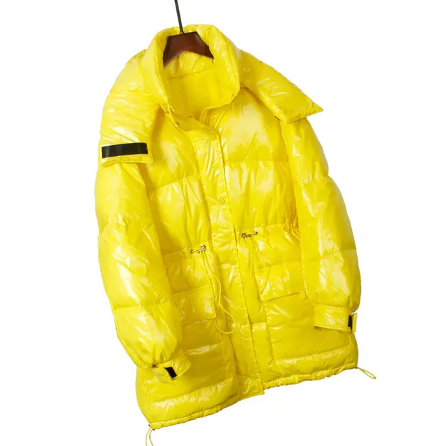 Bright leather hooded down jacket Yellow - Shop at LoveMi