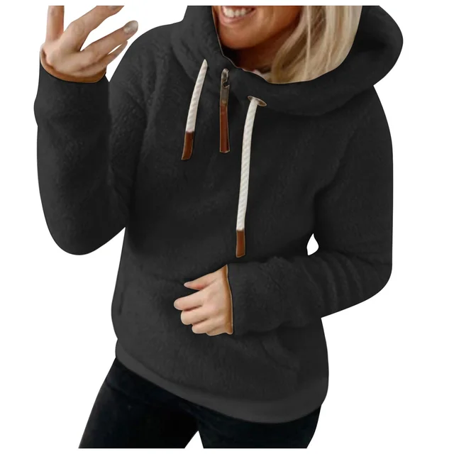 Women's Jacket With Hood Pocket Plush Jacket Black - Shop at LoveMi