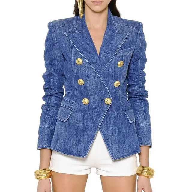 Fashionable Double breasted Washed Denim Jacket Blue - Shop at LoveMi