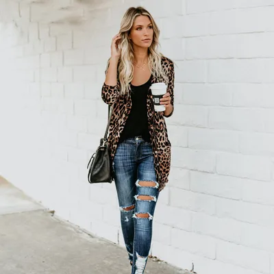 Sexy V neck long sleeve button leopard print jacket Coffee - Shop at LoveMi