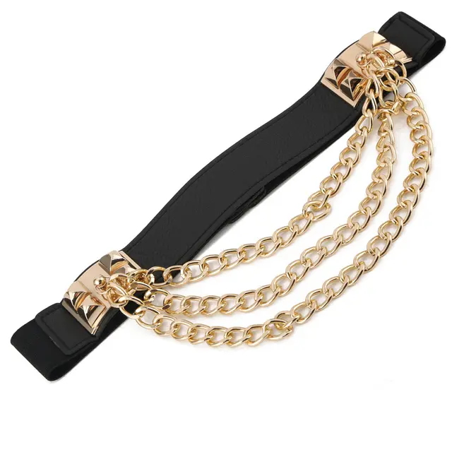 Elastic Dress Belt For Women Rivet Metal Gold Chain Waistband Ladies Leather Female Luxury Brand Waist Punk Belt For Dresses 115 Black - Shop at LoveMi