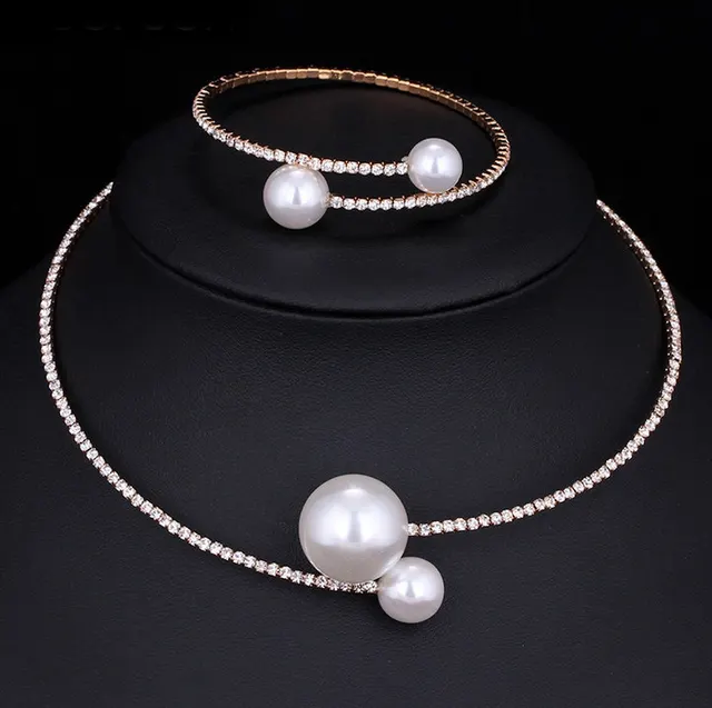 The bride wedding accessories crystal pearl diamond drill collar Necklace Bracelet Adjustable two piece suit Gold - Shop at LoveMi