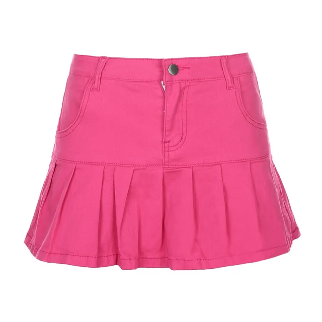High Waisted Ruffled Lining Pleated Denim Skirt Pink - Shop at LoveMi