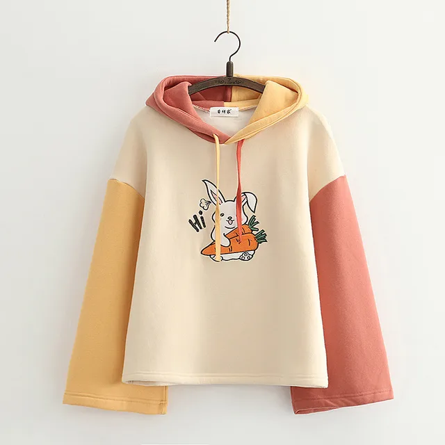 Carrot Bunny Color Block Hoodie Beige - Shop at LoveMi