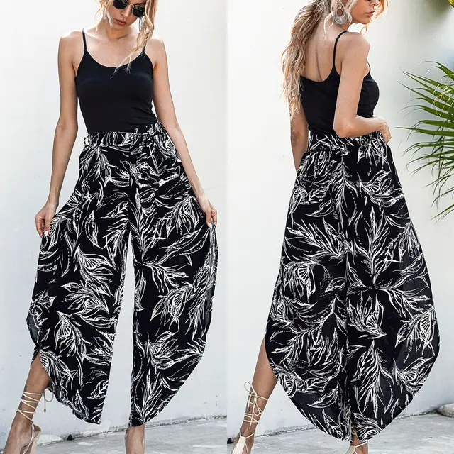 Irregular leopard print wide leg casual trousers Black - Shop at LoveMi
