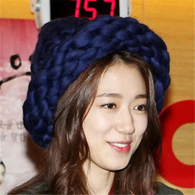 Solid Color Hemming Twist knit Pullover Hat Basin Hat Navy Blue - Shop at LoveMi